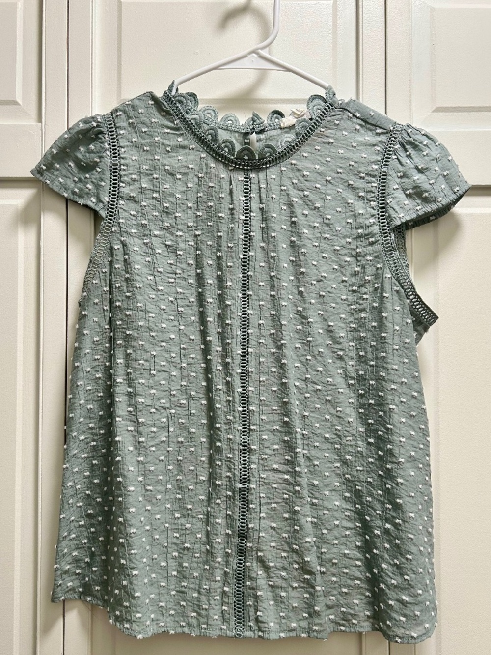 MINE Sage Green Swiss Dot Scalloped Crochet Trim Blouse L